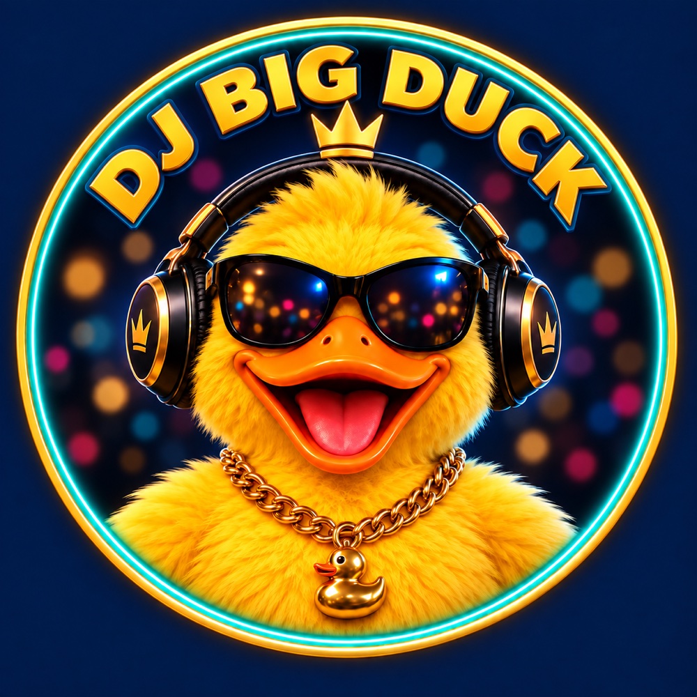DJ Big Duck emblem &mdash; a headphone-wearing duck in a neon ring reading DJ Big Duck