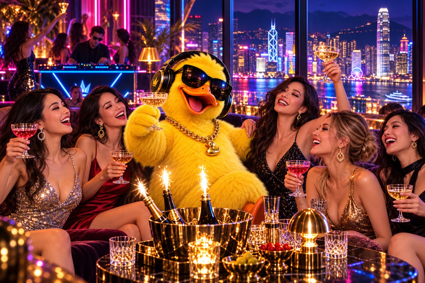 Big Duck in a glamorous Hong Kong nightclub with champagne and a group of women, Victoria Harbour skyline through the windows