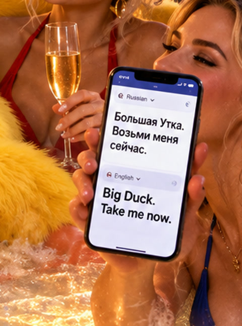 Phone translation: Russian 'Bolshaya Utka. Vozmi menya seychas.' to English 'Big Duck. Take me now.'