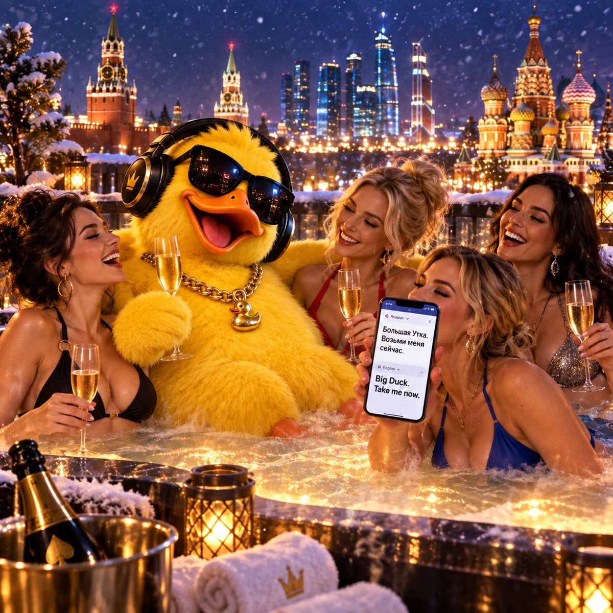 Big Duck in a snowy rooftop Moscow hot tub with champagne and friends, one holding up a phone