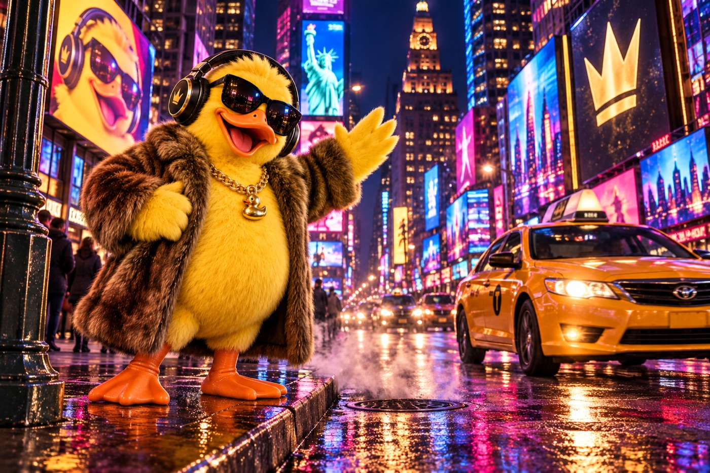 Big Duck in a fur coat hailing a yellow cab in a neon Times Square at night