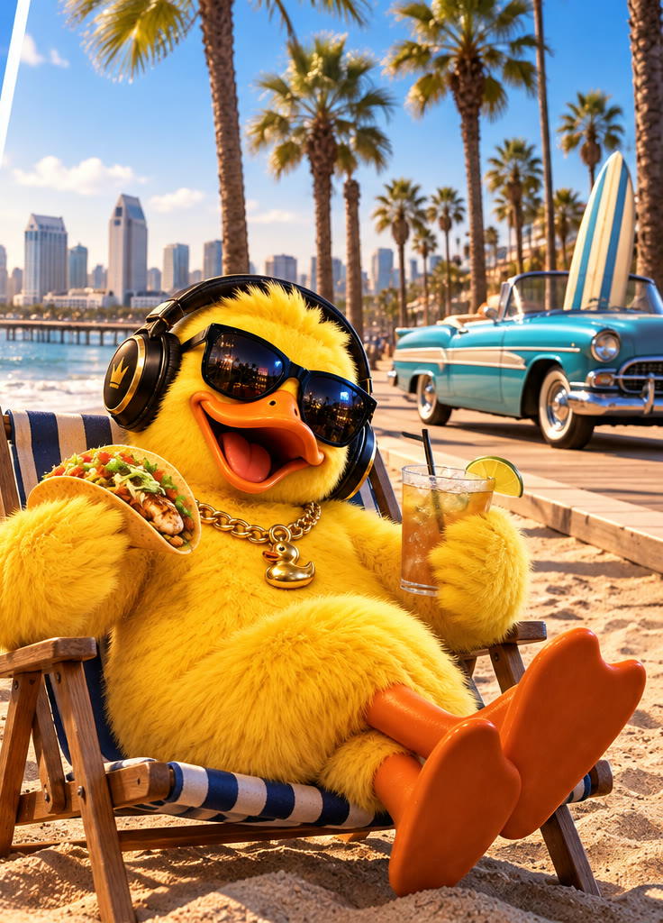 Big Duck relaxing in a beach chair with a taco and cocktail, San Diego skyline behind