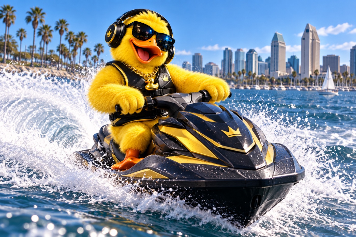 Big Duck riding a black-and-gold Sea-Doo across Mission Bay with the San Diego skyline behind
