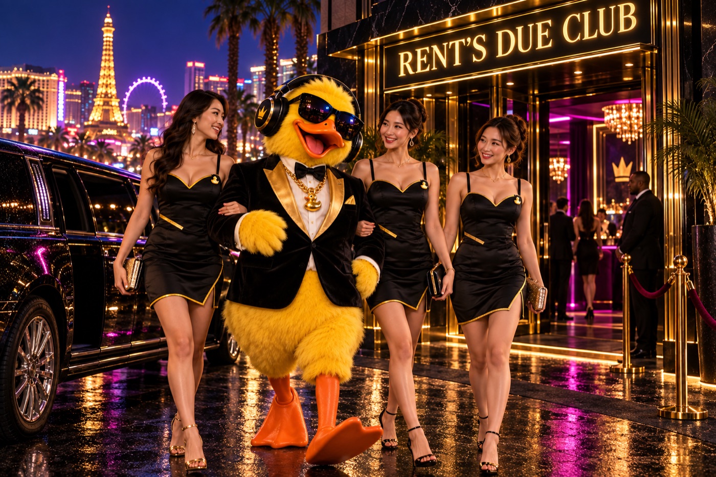 Big Duck in a tuxedo arriving at the Rent's Due Club on the Las Vegas Strip, stepping out of a limo with an entourage